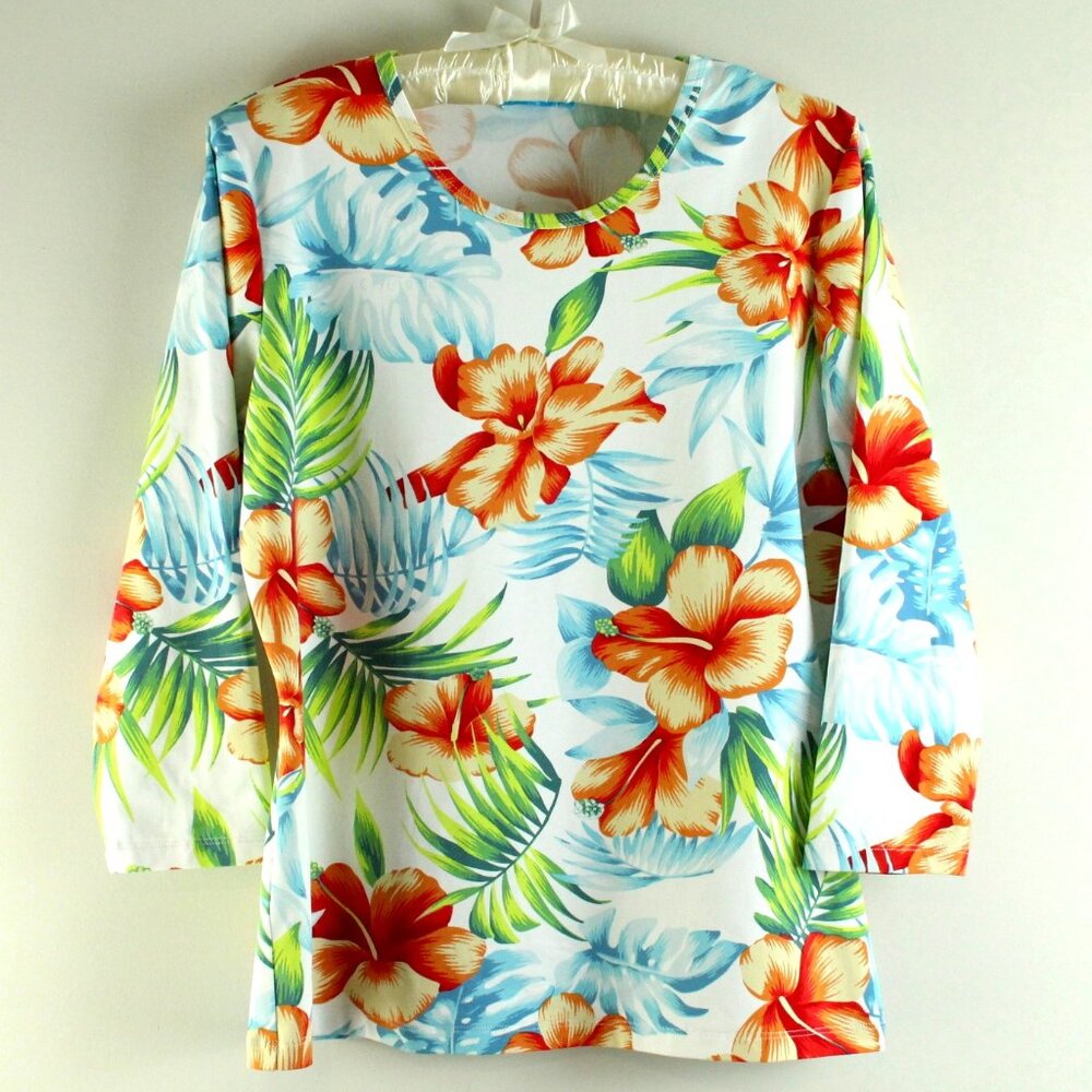 J. McLaughlin Catalina Cloth Signature Tee Tropical Hibiscus Floral Top M